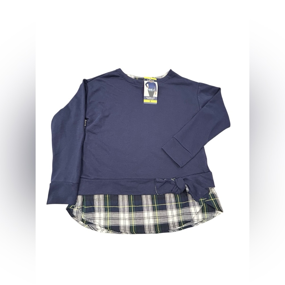 Izod Women’s Tie-Front 2-Fer Blue over Plaid Sweatshirt Small‎ Peacoat Pattern